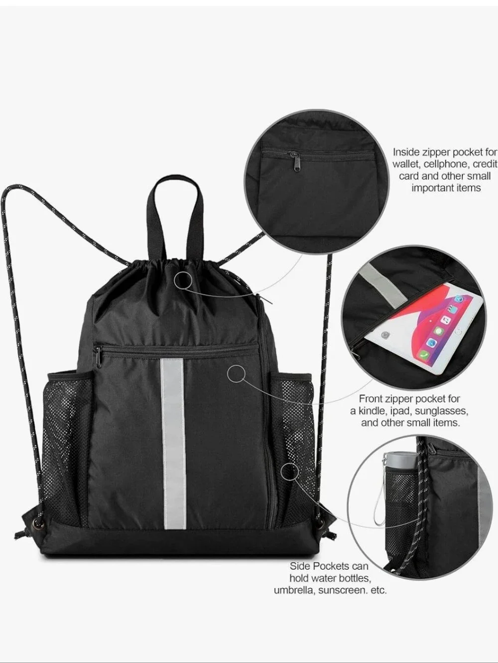 Drawstring Sports Backpack with Reflective Stripe